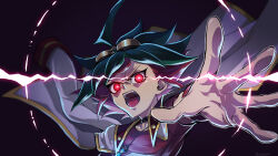 Rule 34 | 1boy, ahoge, close-up, dark background, glowing, glowing eye, green hair, hand focus, highres, jacket, jacket on shoulders, male focus, multicolored hair, open mouth, red eyes, red hair, sakaki yuya, shi shoku, solo, two-tone hair, yu-gi-oh!, yu-gi-oh! arc-v