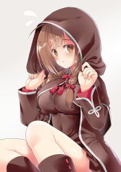 Rule 34 | 1girl, blush, braid, breasts, brown capelet, brown dress, brown eyes, brown hair, capelet, chi gura-ya, closed mouth, dress, hair ribbon, highres, hood, hooded capelet, kantai collection, large breasts, long hair, long sleeves, red ribbon, ribbon, shinshuu maru (kancolle), sitting, solo, twin braids