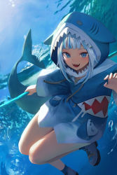 Rule 34 | 1girl, absurdres, animal hood, bare legs, bburi, blue eyes, blue footwear, blue hair, blue hoodie, blush, bubble, commentary, cross-laced footwear, english commentary, fins, fish tail, flat chest, full body, gawr gura, gawr gura (1st costume), highres, holding, holding weapon, hololive, hololive english, hood, hood up, hoodie, looking at viewer, medium hair, multicolored hair, open mouth, shark hood, shark tail, sharp teeth, shoes, silver hair, smile, solo, streaked hair, sunlight, tail, teeth, two-tone hair, underwater, virtual youtuber, water, weapon