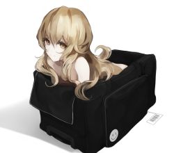 Rule 34 | 1girl, bad id, bad pixiv id, bag, barcode, blonde hair, closed mouth, gyup, hair between eyes, long hair, looking at viewer, nude, original, shadow, simple background, smile, solo, white background, yellow eyes