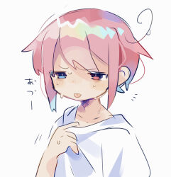 Rule 34 | 1boy, adjusting clothes, alternate hairstyle, blue eyes, blush, commentary request, fanning self, frown, furrowed brow, heterochromia, highres, hot, looking to the side, male focus, original, pink eyes, pink hair, raito-kun (uenomigi), shirt, short hair, short ponytail, short sleeves, sidelocks, simple background, solo, sweat, tongue, tongue out, uenomigi, upper body, white background