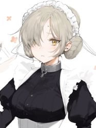 Rule 34 | 1girl, afterimage, apron, azur lane, bad id, bad twitter id, black dress, closed mouth, collar, double bun, dress, earrings, eyes visible through hair, fanning face, grey hair, hair bun, hair over one eye, hand up, highres, hot, jewelry, juliet sleeves, long sleeves, looking at viewer, maid apron, maid headdress, metal collar, oyabuli, puffy sleeves, sheffield (azur lane), simple background, solo, sweat, upper body, white apron, white background, yellow eyes