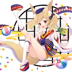 Rule 34 | 1girl, :d, animal ears, ass, ball, beachball, blonde hair, confetti, fang, flower, fox ears, fox tail, full body, geta, hair ribbon, hat, holding, japanese clothes, knee up, kneehighs, leg up, nanohana kohina, open mouth, original, platform clogs, red eyes, ribbon, smile, socks, solo, tail, twintails, white background, white socks, wide sleeves