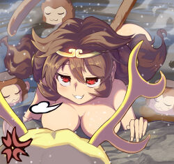Rule 34 | 2girls, :3, anger vein, antlers, blonde hair, blush, breasts, brown hair, circlet, commentary request, completely nude, doyagao, hair between eyes, horns, kicchou yachie, large breasts, long hair, looking at another, low twintails, medium bangs, monkey, monkey tail, multiple girls, nipples, nude, onsen, red eyes, smug, son biten, steam, syope, tail, touhou, twintails, upper body, yellow horns