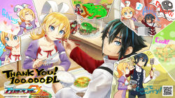 Rule 34 | 1boy, 1girl, apron, black hair, blaster master zero, blonde hair, blue eyes, bow, bowl, casual, chair, chopsticks, cookbook, dress, earrings, english text, eve (blaster master zero), feeding, flying sweatdrops, food, food art, fork, fred (blaster master zero), hair bow, highres, inti creates, jason frudnick, jewelry, long hair, looking at viewer, multicolored hair, musical note, natsume yuji, official art, official wallpaper, one eye closed, pot, purple dress, qr code, rice, rice bowl, short hair, sofia iii, spatula, spoken musical note, streaked hair, sweatdrop, table, tako-san wiener, thank you, thought bubble, toy tank, wallpaper, watermark, white bow