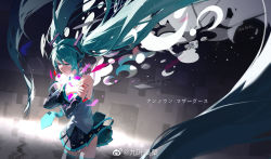 Rule 34 | 1girl, black skirt, black sleeves, blue eyes, blue hair, blue nails, blue necktie, commentary, cowboy shot, crossed arms, english text, fingernails, floating hair, grey shirt, hair between eyes, hair ornament, half-closed eyes, hatsune miku, headset, highres, holding own arm, jiu ye sang, long hair, nail polish, necktie, parted lips, shirt, skirt, sleeveless, sleeveless shirt, solo, song name, tearing up, translated, twintails, unknown mother goose (vocaloid), very long hair, vocaloid, weibo logo, weibo watermark, wide sleeves