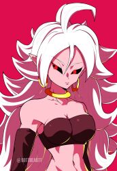 Rule 34 | 1girl, absurdres, android 21, dragon ball, dragon ball fighterz, earrings, highres, jewelry, navel, pointy ears, red background, red eyes, simple background, solo, sottart, white hair