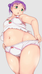 Rule 34 | 1girl, blush, bow, breasts, cameltoe, cherry, commentary request, cowboy shot, food, frills, fruit, green eyes, grey background, hair bun, hand on own hip, highres, looking to the side, midriff, navel, original, orizen, panties, parted lips, pink panties, purple hair, red bow, simple background, single hair bun, small breasts, solo, tareme, thick arms, thick thighs, thighs, underwear, white panties