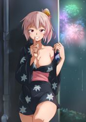 Rule 34 | 1girl, absurdres, bell, breasts, brown hair, collarbone, cowboy shot, drainpipe, female focus, finger to mouth, fireworks, grin, hair bell, hair ornament, highres, japanese clothes, jingle bell, kakiha makoto, kimono, large breasts, long hair, naughty face, night, night sky, obi, off shoulder, original, red eyes, sash, shushing, side ponytail, sky, smile, solo, standing, yukata