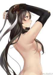 Rule 34 | 1girl, armpits, arms up, back, bad id, bad pixiv id, black hair, blush, breasts, brown gloves, closed mouth, detached sleeves, from side, gloves, hair censor, hair over breasts, hairband, juurouta, kantai collection, long hair, long sleeves, nude, partially fingerless gloves, partly fingerless gloves, profile, simple background, small breasts, solo, twitter username, underwear, undressing, upper body, white background, white hairband, yugake, zuikaku (kancolle)