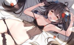 Rule 34 | 1girl, ahoge, armpits, black panties, blush, breasts, brown hair, chintora0201, collarbone, condom, condom in mouth, flower, genshin impact, hair flower, hair ornament, hu tao (genshin impact), lingerie, long hair, lying, mouth hold, navel, on back, panties, red eyes, small breasts, smile, solo, thigh strap, underwear