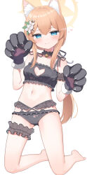 Rule 34 | 1girl, absurdres, alternate costume, animal ear fluff, animal ears, animal hands, barefoot, bell, black bra, black choker, black panties, black ribbon, blue archive, blue eyes, blush, bra, breasts, bridal garter, choker, claws, closed mouth, clothing cutout, collarbone, commentary, flower, fox ears, fox girl, frilled choker, frills, full body, fur-trimmed gloves, fur trim, gloves, gluteal fold, hair flower, hair ornament, hair ribbon, halo, heart, heart cutout, heart in eye, highres, jingle bell, kneeling, long hair, looking at viewer, mari (blue archive), navel, neck bell, orange hair, panties, paw gloves, paw print, ponytail, ribbon, simple background, small breasts, smile, solo, stomach, symbol in eye, takeroku, thigh strap, underwear, underwear only, white background, white flower, yellow halo
