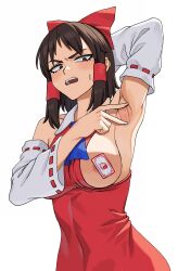 Rule 34 | 1girl, absurdres, areola slip, arm up, armpits, ascot, blue ascot, blush, bo (bocky0w0), breasts, brown eyes, brown hair, collared dress, commentary request, cookie (touhou), covered navel, cowboy shot, detached sleeves, dress, fingernails, hakurei reimu, highres, large breasts, looking at viewer, medium bangs, ofuda, ofuda on nipples, open mouth, pasties, red dress, ribbon-trimmed sleeves, ribbon trim, short hair, sideboob, sidelocks, simple background, sleeveless, sleeveless dress, solo, spread armpit, teeth, togashi (cookie), touhou, upper teeth only, white background, white sleeves, yin yang