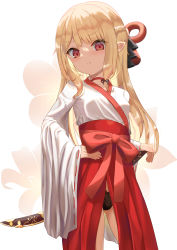 Rule 34 | 1girl, black panties, blonde hair, gluteal fold, hakama, hakama skirt, hand on own hip, harutaruouob, highres, japanese clothes, long hair, looking at viewer, miko, open clothes, open skirt, original, panties, pointy ears, pout, red eyes, red hakama, shirt, skirt, slit pupils, solo, sword, thighs, underwear, weapon, white shirt
