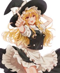 Rule 34 | 1girl, :d, apron, arm up, black hat, black vest, blonde hair, blush, bow, braid, breasts, contrapposto, foreshortening, hair between eyes, hair bow, hair ribbon, hand on headwear, hat, hat bow, kirisame marisa, long hair, looking at viewer, medium breasts, okawa friend, open mouth, outstretched arm, petticoat, puffy short sleeves, puffy sleeves, ribbon, short sleeves, side braid, simple background, single braid, smile, solo, star (symbol), teeth, touhou, tress ribbon, upper teeth only, very long hair, vest, waist apron, white apron, white background, white bow, witch hat, yellow eyes