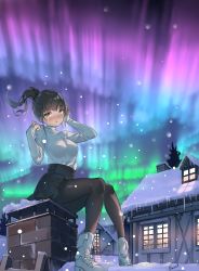 Rule 34 | 1girl, absurdres, aurora, black pantyhose, boots, cabin, crying, hand on own head, highres, ice, long hair, multicolored background, new year, original, pantyhose, ponytail, snowing, solo, sweater, thighhighs, tree, vierzeck, winter, yellow eyes