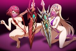 2girls arm_under_breasts blonde_hair breasts brown_eyes cheating_(relationship) collarbone commentary_request full_body highres holding holding_sword holding_weapon kneeling large_breasts licking_lips long_hair m_legs mouth_veil multiple_girls mythra_(xenoblade) navel netorare purple_background purple_slingshot_swimsuit pyra_(xenoblade) red_eyes red_hair red_slingshot_swimsuit short_hair sirano slingshot_swimsuit spread_legs swimsuit sword tiara tongue tongue_out veil weapon xenoblade_chronicles_(series) xenoblade_chronicles_2