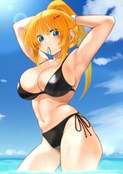 Rule 34 | 1girl, armpits, arms behind head, arms up, bikini, black bikini, blonde hair, blue eyes, blush, breasts, cleavage, cloud, collarbone, commentary request, contemporary, cowboy shot, darkness (konosuba), day, hair ornament, hair tie in mouth, hairclip, highres, izawa (bhive003), kono subarashii sekai ni shukufuku wo!, large breasts, long hair, looking at viewer, mouth hold, navel, ocean, outdoors, ponytail, shiny clothes, side-tie bikini bottom, skindentation, sky, solo, stomach, swimsuit, thighs, wading, water