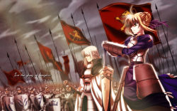 Rule 34 | 00s, 1girl, 6+boys, armor, army, artoria pendragon (all), artoria pendragon (fate), banner, bedivere (fate), fate/stay night, fate (series), flag, highres, multiple boys, polearm, saber (fate), shield, skydrg, soldier, spear, sword, wallpaper, war, weapon