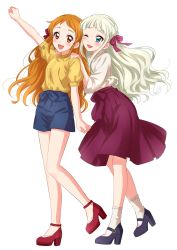 Rule 34 | 2girls, :d, aikatsu!, aikatsu! (series), ankle strap, arisugawa otome, blonde hair, blouse, blue shorts, blunt bangs, blush, brown eyes, brown hair, collared shirt, commentary, hair ribbon, hand up, high heels, highres, mary janes, multiple girls, one eye closed, open mouth, pink ribbon, pleated skirt, purple footwear, red footwear, red skirt, ribbon, sekina, shirt, shoes, short shorts, shorts, simple background, skirt, smile, socks, standing, strappy heels, symbol-only commentary, todo yurika, white background, wing collar, yellow shirt