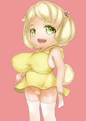 Rule 34 | 1girl, bare arms, bare shoulders, breasts, cleft of venus, covered navel, dog tail, dress, hair ornament, highres, large breasts, looking at viewer, looking to the side, no panties, open mouth, oppai loli, original, pussy, simple background, tail, teeth, thighhighs, uncensored, white thighhighs, yuu (nijie246869)