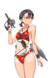 1girl between_breasts bikini black_hair breasts brown_eyes floral_print fujisawa_takashi gun highres looking_to_the_side medium_breasts medium_hair o-ring o-ring_bikini o-ring_bottom o-ring_top original red_bikini simple_background solo standing strap_between_breasts swimsuit weapon white_background