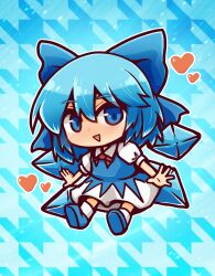 Rule 34 | 1girl, absurdres, blue background, blue bow, blue dress, blue eyes, blue footwear, blue hair, blush, bow, chibi, cirno, collared shirt, commentary request, dress, flat chest, full body, hair bow, heart, highres, ice, ice wings, kide koushin, looking at viewer, open mouth, pinafore dress, puffy short sleeves, puffy sleeves, shirt, shoes, short hair, short sleeves, sleeveless dress, smile, socks, solo, touhou, triangle mouth, two-tone dress, white dress, white shirt, white socks, wings