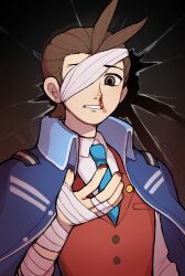 Rule 34 | 1boy, ace attorney, antenna hair, apollo justice, arm at side, bandage over one eye, bandaged arm, bandages, blood, blood on face, blood on hands, blue jacket, brown background, brown eyes, brown hair, buttons, clenched teeth, collared jacket, collared shirt, hand up, high collar, highres, jacket, jacket on shoulders, lapel pin, lapels, male focus, nosebleed, one eye covered, open clothes, open jacket, phoenix wright: ace attorney - dual destinies, pocket, red vest, shattered, shirt, short hair, solo, teeth, upper body, vest, white shirt, yezhi (48693232)