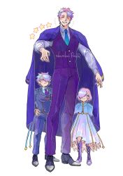 Rule 34 | 1girl, 2boys, ^ ^, alternate costume, artist name, blue coat, blue neckwear, boots, bright pupils, buttons, closed eyes, closed mouth, coat, cross-laced footwear, double-breasted, dress, fate/grand order, fate (series), father and daughter, father and son, full body, galahad (fate), hair over one eye, hand on own hip, highres, lace-up boots, lancelot (fate/grand order), mash kyrielight, multiple boys, necktie, purple eyes, purple footwear, purple hair, purple neckwear, shanks-ace, short hair, simple background, smile, star (symbol), under another&#039;s clothes, waistcoat, white background