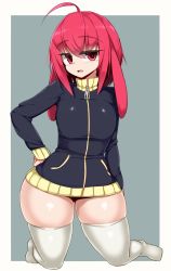 Rule 34 | ahoge, animal ears, commentary request, flat chest, hand on own hip, highres, hinoko (sawati), jacket, original, red eyes, red hair, sawati, skindentation, solo, thick thighs, thighhighs, thighs, tight clothes, wide hips