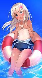 Rule 34 | 10s, 1girl, :o, blonde hair, blue eyes, blush, clothes pull, collarbone, comah, covering breasts, covering privates, flat chest, flower, hair between eyes, hair flower, hair ornament, hibiscus, kantai collection, lifebuoy, long hair, looking at viewer, navel, one-piece swimsuit, one-piece swimsuit pull, one-piece tan, open mouth, ro-500 (kancolle), school swimsuit, solo, swim ring, swimsuit, tan, tanline, tongue, topless