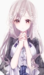 Rule 34 | 1girl, alternate hairstyle, bad id, bad twitter id, black veil, blue dress, collared shirt, dress, floral print, grey background, highres, idolmaster, idolmaster cinderella girls, kanzaki ranko, long hair, looking at viewer, misumi (macaroni), own hands together, parted lips, purple ribbon, red eyes, ribbon, shirt, short sleeves, silver hair, simple background, solo, striped clothes, striped dress, veil, vertical-striped clothes, vertical-striped dress, white shirt