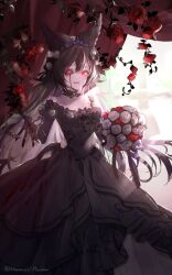 Rule 34 | 1girl, animal ears, arumu, bare shoulders, black dress, black hair, blood, blood on clothes, bouquet, breasts, choker, curtains, dress, feet out of frame, flower, granblue fantasy, hair flower, hair ornament, highres, hip vent, long hair, mismatched sclera, nier (granblue fantasy), off-shoulder dress, off shoulder, open mouth, reaching, reaching towards viewer, red eyes, rose, slit pupils, small breasts, smile, solo, standing, tiara, twitter username