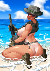 Rule 34 | 1girl, absurdres, areola slip, ass, assault rifle, back, black hair, boonie hat, boots, breasts, brown footwear, brown gloves, camouflage, camouflage headwear, cloud, commentary, daewoo k2, english commentary, female soldier, foregrip, from behind, gloves, gun, highres, hitch (perotoss), large breasts, load bearing vest, looking at viewer, nude, ocean, open mouth, optical sight, original, outdoors, paid reward available, rifle, sand, sergeant joo, sharp teeth, shoe soles, short hair, sideboob, sitting, sky, slit pupils, soldier, solo, suppressor, tactical clothes, tan, tanline, teeth, vertical foregrip, wariza, water, weapon, wet, yellow eyes