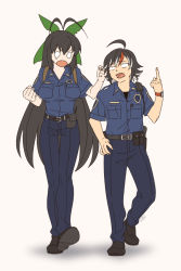 Rule 34 | 2016, 2girls, ahoge, alternate costume, antenna hair, bare arms, belt, belt buckle, black belt, black footwear, black hair, black shirt, blue pants, blue shirt, bow, breast pocket, breasts, buckle, buttons, cable, clenched hand, collared shirt, constricted pupils, dated, dress shirt, eyebrows, facing viewer, fingernails, full body, green bow, grey belt, hair between eyes, hair bow, hand on own hip, kijin seija, large breasts, long hair, looking at another, middle finger, multicolored hair, multiple girls, no nose, no wings, o o, open mouth, pants, pen, pen in pocket, pocket, police, police uniform, policewoman, pouch, red hair, reiuji utsuho, shadow, sharp teeth, shikido (khf), shirt, shoes, short hair, sidelocks, signature, simple background, single tear, straight hair, streaked hair, teeth, thigh gap, tongue, touhou, undershirt, uniform, v-shaped eyebrows, very long hair, walking, watch, white background, white hair