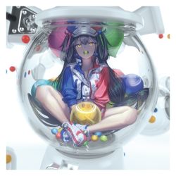 Rule 34 | 1girl, 3d, balloon, black hair, border, butterfly sitting, commentary request, gesoking, hair between eyes, hair ornament, hat, highres, in container, jacket, long hair, mouth hold, original, shoes, shorts, sitting, sleeves rolled up, solo, two side up, white border, winding key, yellow eyes