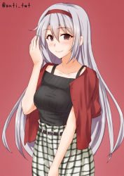 Rule 34 | 1girl, alternate costume, anti (untea9), black sweater, blouse, brown eyes, clothes on shoulders, commentary request, cowboy shot, hairband, highres, kantai collection, long hair, looking at viewer, plaid, plaid skirt, red background, red shirt, shirt, shoukaku (kancolle), skirt, sleeveless, sleeveless sweater, smile, solo, sweater, twitter username, white hair, white skirt