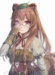 Rule 34 | 1girl, adjusting eyewear, animal ear fluff, animal ears, arm guards, belt, belt buckle, breasts, brown-framed eyewear, brown belt, brown eyes, brown hair, buckle, closed mouth, collared shirt, commentary, cosplay, futatsuiwa mamizou, glasses, grey shirt, hair between eyes, hand up, highres, hikari niji, juliet sleeves, leaf, leaf on head, long hair, long sleeves, looking at viewer, neck ribbon, pince-nez, puffy sleeves, raccoon ears, raccoon girl, raccoon tail, raphtalia, raphtalia (cosplay), red ribbon, ribbed shirt, ribbon, shirt, simple background, small breasts, smile, solo, tail, tate no yuusha no nariagari, touhou, trait connection, twitter username, upper body, very long hair, white background