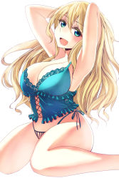 Rule 34 | 10s, 1girl, :d, adjusting hair, arm behind head, arms up, atago (kancolle), babydoll, blonde hair, blue eyes, blue panties, breasts, cleavage, female focus, highres, kantai collection, large breasts, liar lawyer, lingerie, long hair, open mouth, panties, plump, side-tie panties, simple background, sitting, smile, solo, string panties, underwear, underwear only, wariza, white background