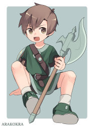 Rule 34 | 1boy, arakokra, axe, bare legs, brown eyes, child, commentary, english commentary, fantasy, green tunic, highres, holding, holding weapon, looking at viewer, male focus, open mouth, original, simple background, solo, weapon