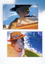 Rule 34 | ascot, black hair, blonde hair, burn scar, freckles, goggles, goggles on headwear, hat, lead pipe, male focus, one piece, onecata11, portgas d. ace, sabo (one piece), scar, scar across eye, scar on face, smile, top hat, white ascot