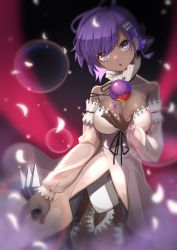 Rule 34 | 1girl, :o, absurdres, beige dress, breasts, cleavage, commentary request, dark-skinned female, dark skin, detached collar, detached sleeves, fate/grand order, fate (series), food, fruit, hassan of serenity (fate), hassan of serenity (lostroom outfit) (fate), highres, holding, holding food, holding fruit, holding knife, knife, large breasts, looking at viewer, lostroom outfit (fate), petals, poison, poison apple, purple eyes, purple hair, short hair, solo, throwing knife, weapon, ziu