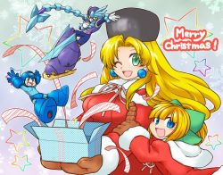 Rule 34 | 2girls, android, blonde hair, blue eyes, blunt bangs, blush, bow, breasts, brown gloves, brown mittens, child, christmas, coat, dress, earrings, fur hat, gift, gloves, green eyes, hat, helmet, holding, holding another&#039;s arm, jewelry, kalinka cossack (mega man), large breasts, long hair, mega man (character), mega man (classic), mega man (series), mega man 11, merry christmas, mittens, multiple girls, one eye closed, open mouth, ponytail, red bow, red coat, ribbon, robot, rockman xover, roll (mega man), santa costume, santa dress, smile, tobitori, tundra man, ushanka