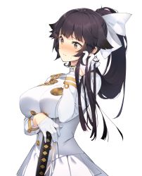 Rule 34 | 1girl, aiguillette, azur lane, black hair, blush, bow, breasts, brown eyes, buttons, coat, cowboy shot, eho (icbm), embarrassed, gloves, hair bow, hair flaps, hand in own hair, hand on hilt, highres, katana, large breasts, long hair, long sleeves, military, military uniform, ponytail, simple background, skirt, solo, sweatdrop, sword, takao (azur lane), tareme, taut clothes, uniform, weapon, white background, white bow, white coat, white gloves, white skirt
