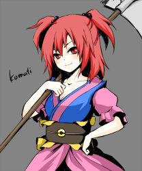 Rule 34 | 1girl, bad id, bad pixiv id, blush, breasts, cleavage, female focus, hair bobbles, hair ornament, hand on own hip, hip focus, medium breasts, onozuka komachi, over shoulder, red eyes, red hair, scythe, short hair, short twintails, simple background, smile, solo, touhou, twintails, two side up, umxzo