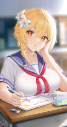 Rule 34 | 1girl, :o, alternate costume, artist name, blonde hair, blue sailor collar, blurry, blurry background, blush, book, breast rest, breasts, cheek rest, crossed bangs, day, desk, duplicate, eraser, female focus, flower, fukuro daizi, genshin impact, hair between eyes, hair flower, hair ornament, hand on own face, highres, holding, holding pen, large breasts, looking at viewer, lumine (genshin impact), neckerchief, open book, parted lips, pen, pencil case, pixel-perfect duplicate, red neckerchief, sailor collar, school uniform, serafuku, short hair with long locks, short sleeves, signature, sitting, solo, twitter username, upper body, white flower, yellow eyes