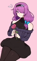 Rule 34 | 1girl, absurdres, bare shoulders, black hairband, black pantyhose, black skirt, black sweater, blush, breasts, butterfly hair ornament, cleavage, closed mouth, commission, flower, flying sweatdrops, hair ornament, hairband, highres, holding, holding flower, large breasts, long hair, looking at viewer, mole, mole under eye, original, pantyhose, purple eyes, purple hair, red flower, red rose, rose, skirt, smile, solo, sweater, the scarlet devil