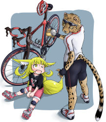 Rule 34 | &gt; o, 1girl, absurdres, animal ears, bicycle, bike shorts, black shirt, blonde hair, brown eyes, cheetah, colored sclera, cup, doitsuken, fang, fingerless gloves, fox child (doitsuken), fox ears, fox tail, from behind, furry, furry female, gloves, grey background, highres, holding, holding cup, knee pads, on ground, one eye closed, open mouth, original, pedal, pink footwear, pink shorts, shirt, short sleeves, shorts, skates, sweatdrop, tail, wheel, white footwear, white shirt, yellow eyes, yellow sclera