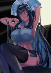 Rule 34 | 1girl, arm behind back, armpits, black hair, blue hair, blue headwear, blue skirt, breasts, chinese commentary, colored inner hair, crop top, crop top overhang, hand in own hair, highres, hololive, hololive china, ihavent, large breasts, looking down, multicolored hair, open mouth, rosalyn (hololive), skindentation, skirt, solo, sweat, thighhighs, virtual youtuber