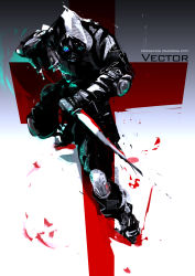 Rule 34 | 1boy, blade, blood, copyright name, full body, gas mask, gradient background, gun, highres, hood, male focus, mask, resident evil, resident evil: operation raccoon city, so-bin, solo, vector (resident evil), weapon